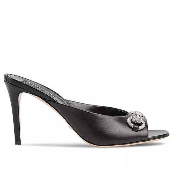 Gucci Women's Crystal Embellished Horsebit 85 Leather Mule Heels Black 37 - Picture 4 of 10